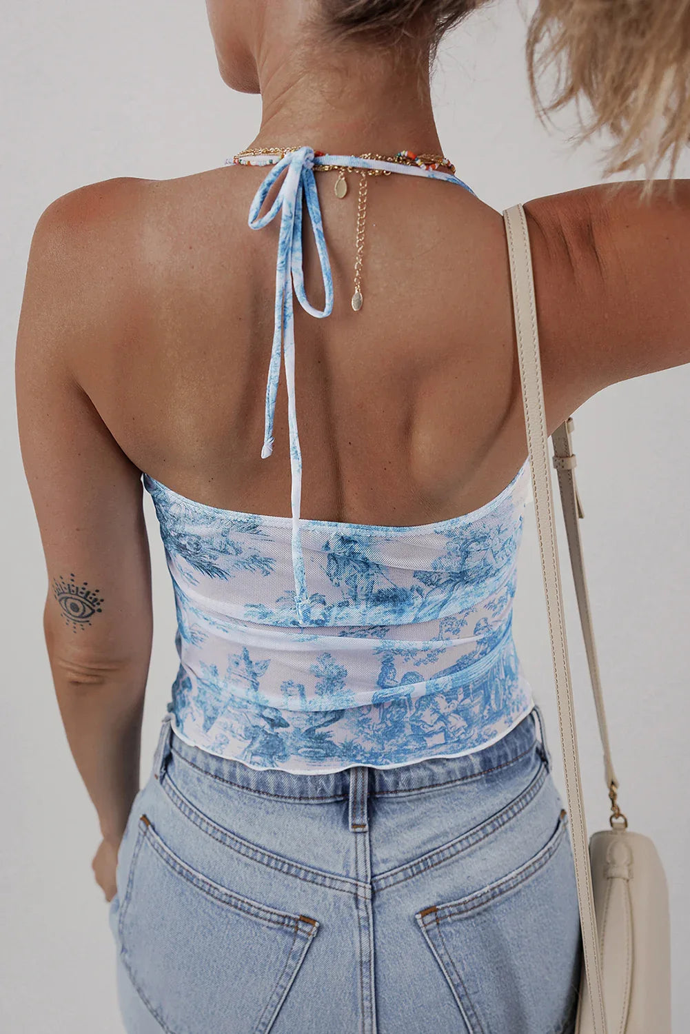 Sky Blue Random Printed Mesh Bow Detail Halterneck Tank Top - MarkoFit
