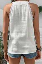 White Textured Lace Trim Pure Cotton Sleeveless Top - MarkoFit