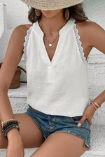 White Textured Lace Trim Pure Cotton Sleeveless Top - MarkoFit