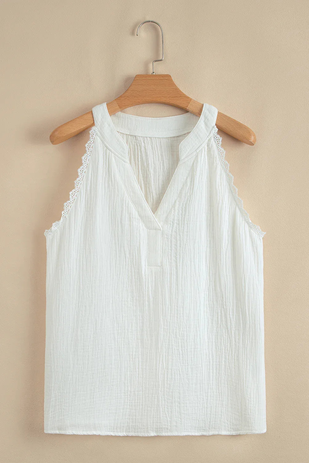 White Textured Lace Trim Pure Cotton Sleeveless Top - MarkoFit