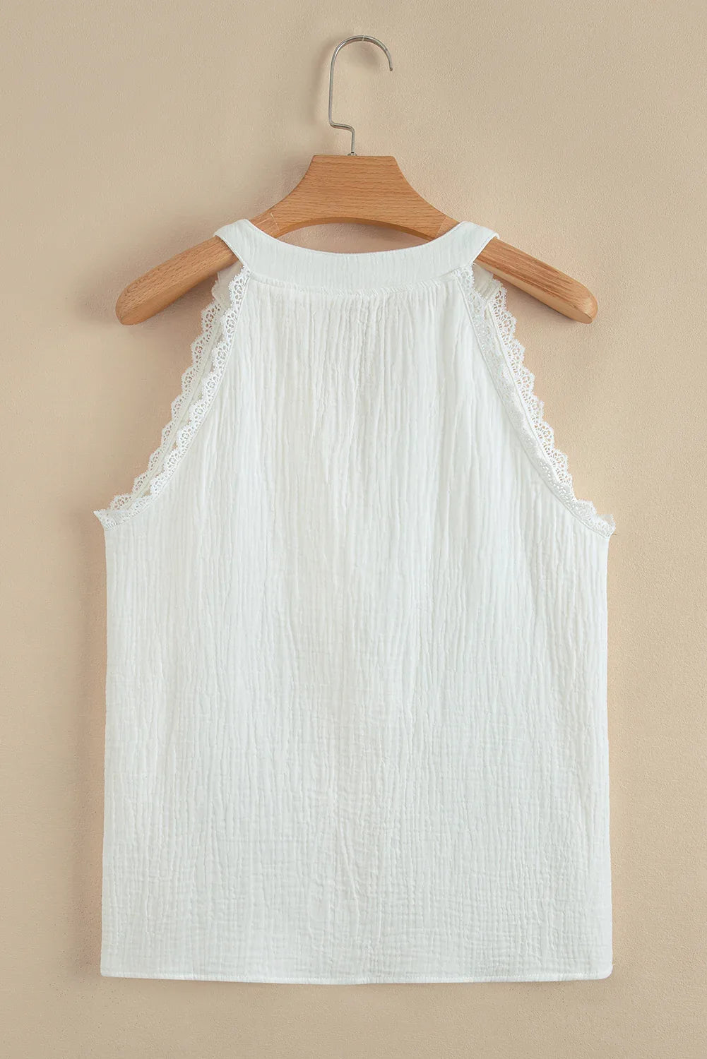 White Textured Lace Trim Pure Cotton Sleeveless Top - MarkoFit