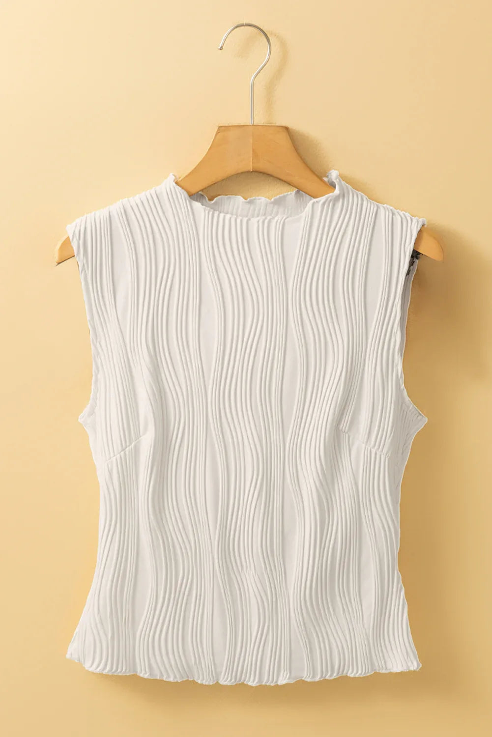 White Solid Color Wavy Textured Round Neck Tank Top - MarkoFit