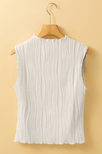 White Solid Color Wavy Textured Round Neck Tank Top - MarkoFit