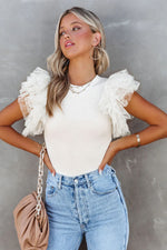 White Dotty Mesh Ruffle Sleeve Ribbed Knit Top - MarkoFit