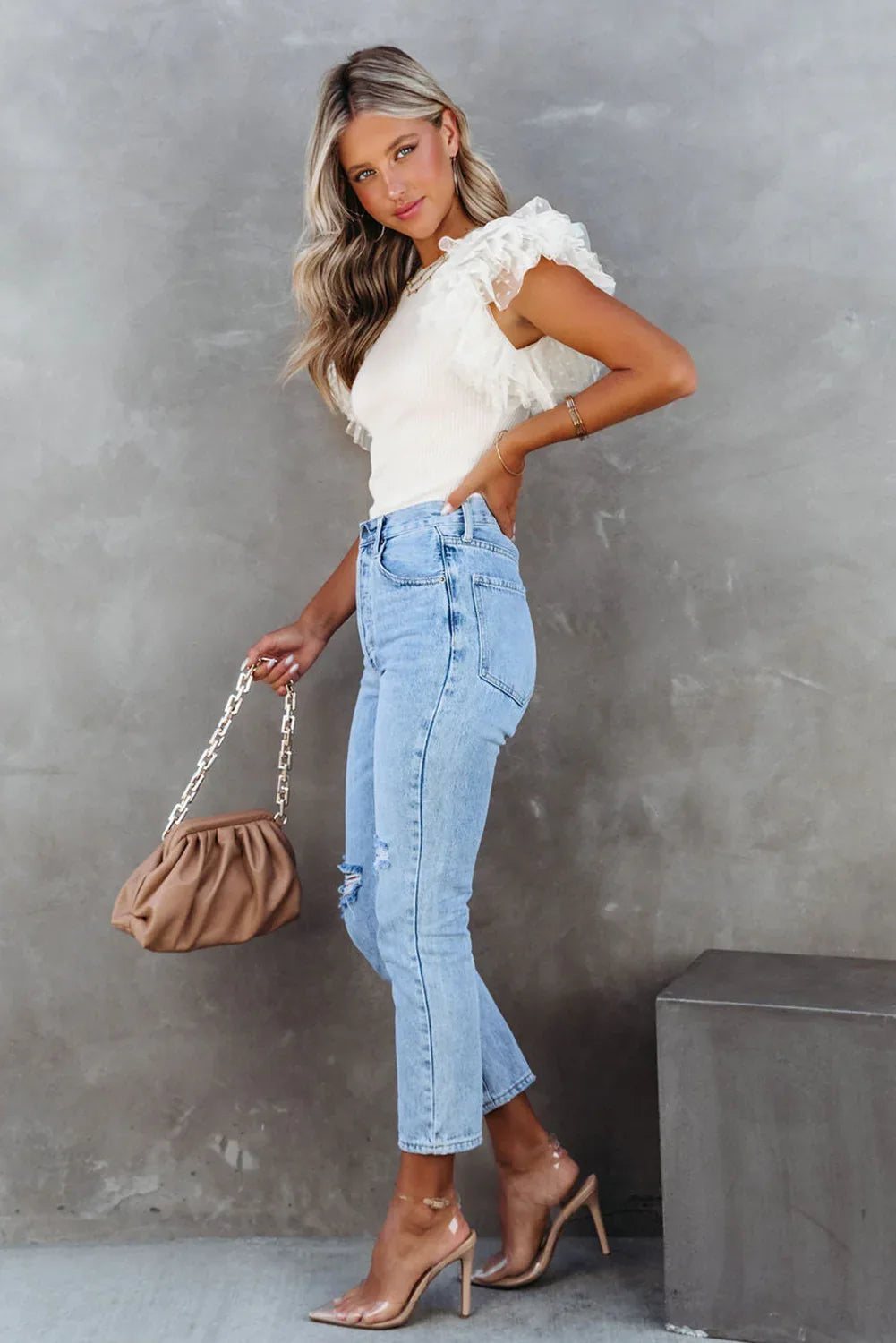 White Dotty Mesh Ruffle Sleeve Ribbed Knit Top - MarkoFit