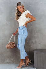 White Dotty Mesh Ruffle Sleeve Ribbed Knit Top - MarkoFit