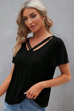 Black Crisscross V Neck Butterfly Sleeve T Shirt - MarkoFit