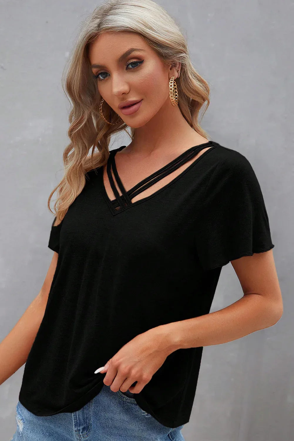 Black Crisscross V Neck Butterfly Sleeve T Shirt - MarkoFit
