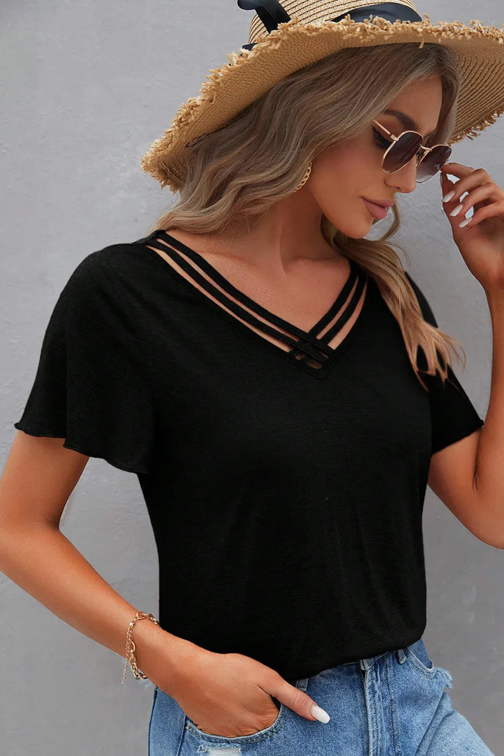 Black Crisscross V Neck Butterfly Sleeve T Shirt - MarkoFit