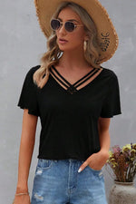 Black Crisscross V Neck Butterfly Sleeve T Shirt - MarkoFit