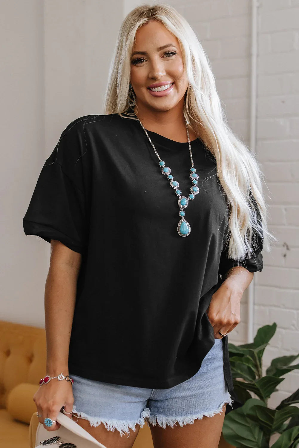 Black Loose Half Sleeve Hi Low Hem T Shirt - MarkoFit