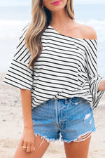 Black Stripe Half Sleeve Scoop Neck Loose Top - MarkoFit