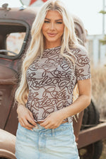 Brown Rodeo Print Round Neck Slim Fit Mesh T Shirt - MarkoFit