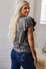 Dark Grey Layered Ruffle Short Sleeve Round Neck Top - MarkoFit