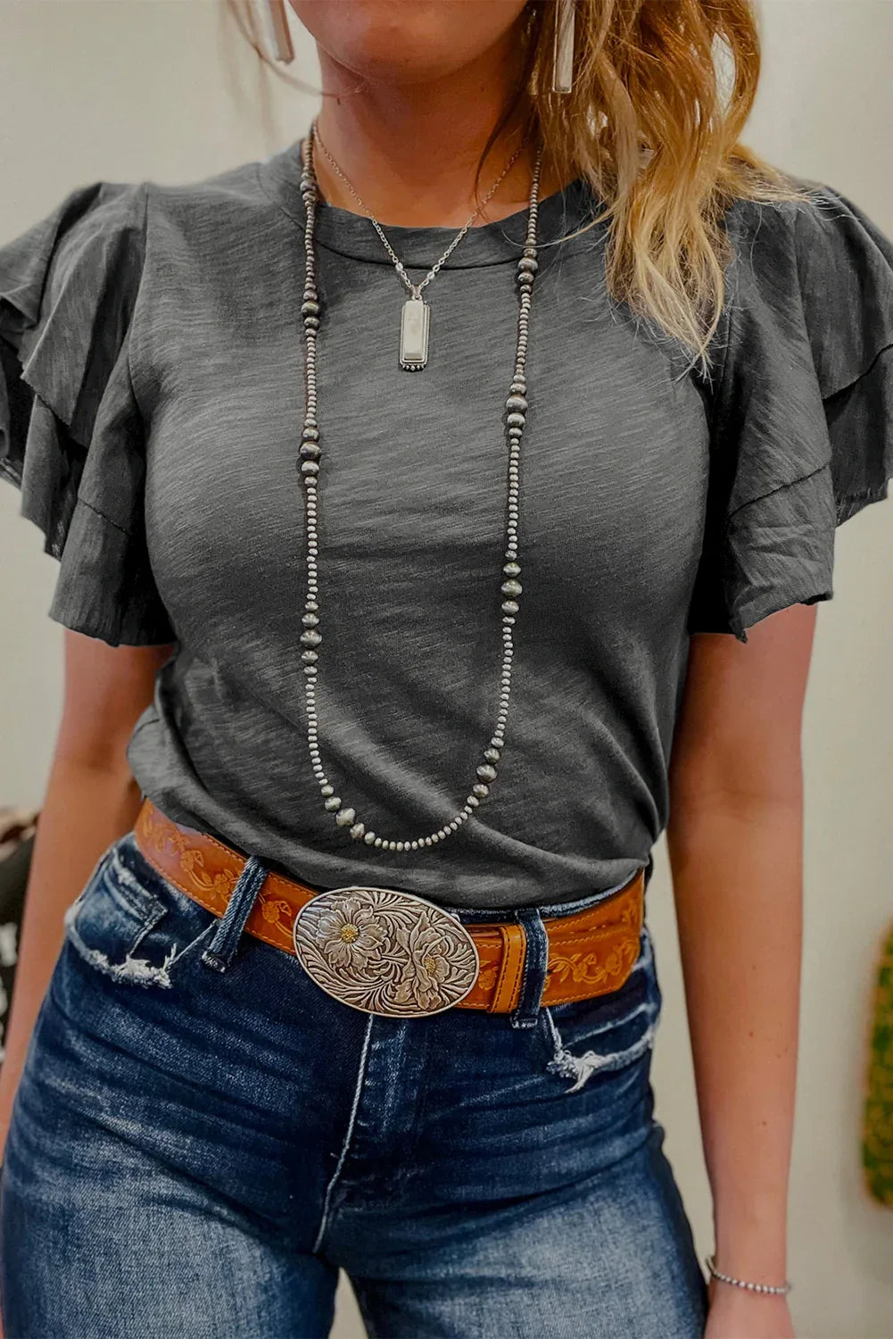 Dark Grey Layered Ruffle Short Sleeve Round Neck Top - MarkoFit