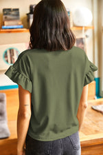 Jungle Green Solid Color Ribbed Ruffled Short Sleeve T Shirt - MarkoFit