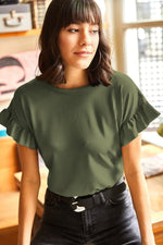 Jungle Green Solid Color Ribbed Ruffled Short Sleeve T Shirt - MarkoFit