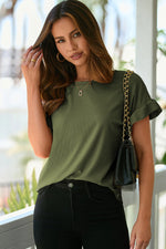 Jungle Green Solid Color Ribbed Ruffled Short Sleeve T Shirt - MarkoFit
