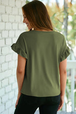 Jungle Green Solid Color Ribbed Ruffled Short Sleeve T Shirt - MarkoFit