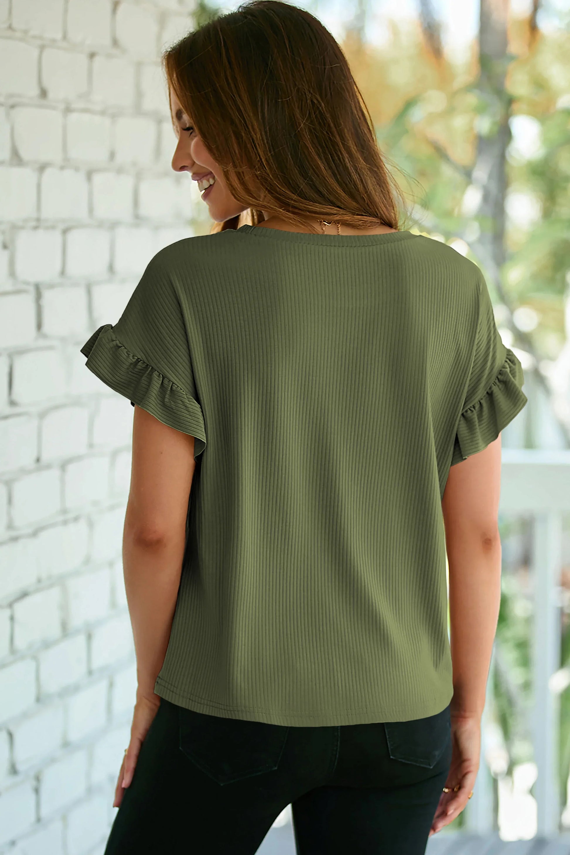 Jungle Green Solid Color Ribbed Ruffled Short Sleeve T Shirt - MarkoFit