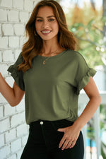 Jungle Green Solid Color Ribbed Ruffled Short Sleeve T Shirt - MarkoFit