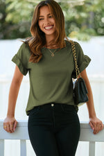 Jungle Green Solid Color Ribbed Ruffled Short Sleeve T Shirt - MarkoFit