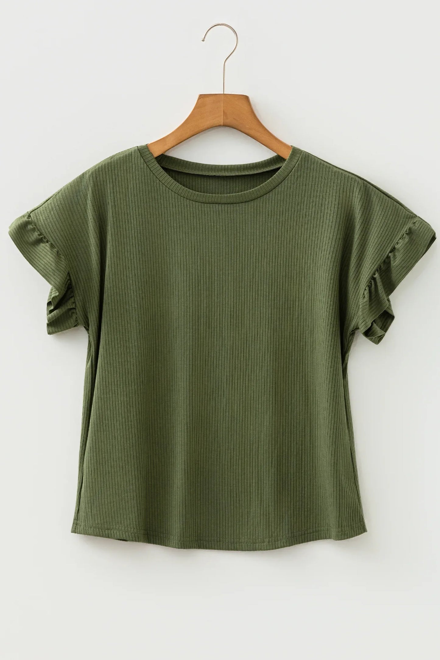 Jungle Green Solid Color Ribbed Ruffled Short Sleeve T Shirt - MarkoFit