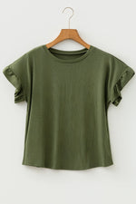 Jungle Green Solid Color Ribbed Ruffled Short Sleeve T Shirt - MarkoFit