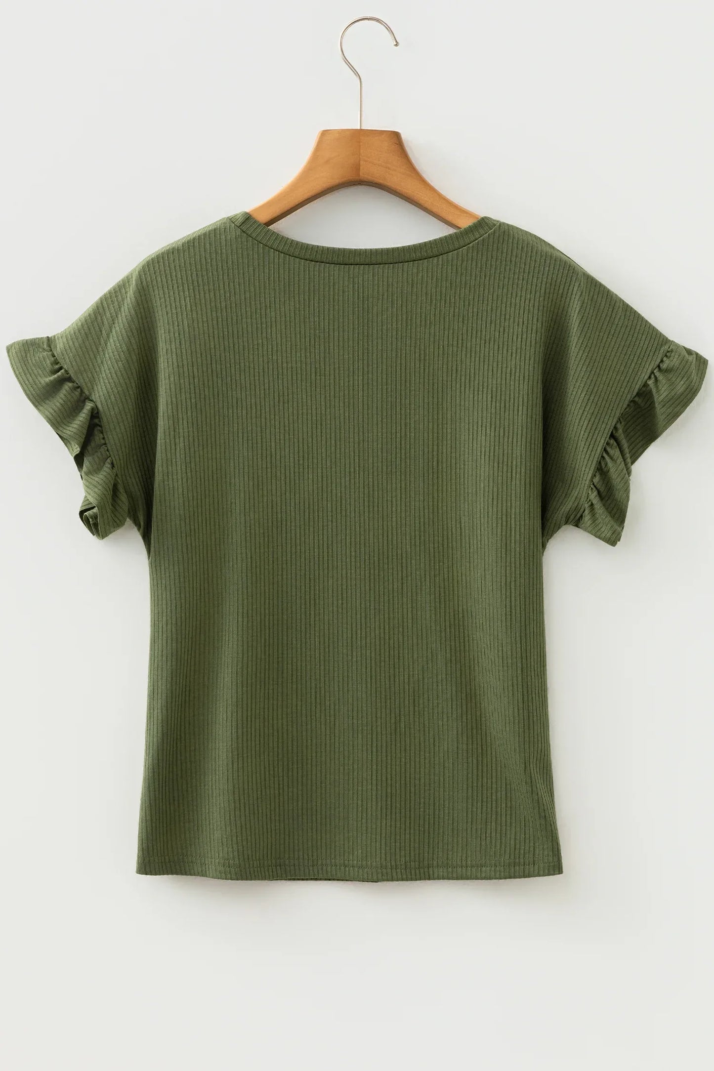 Jungle Green Solid Color Ribbed Ruffled Short Sleeve T Shirt - MarkoFit