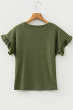 Jungle Green Solid Color Ribbed Ruffled Short Sleeve T Shirt - MarkoFit