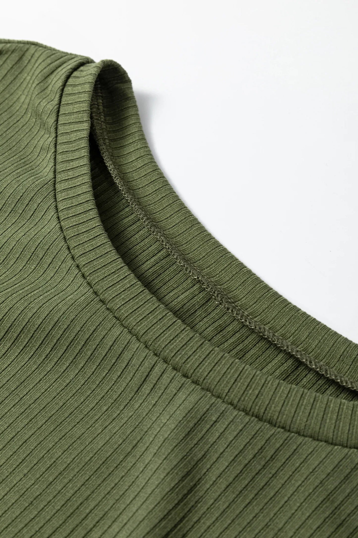 Jungle Green Solid Color Ribbed Ruffled Short Sleeve T Shirt - MarkoFit