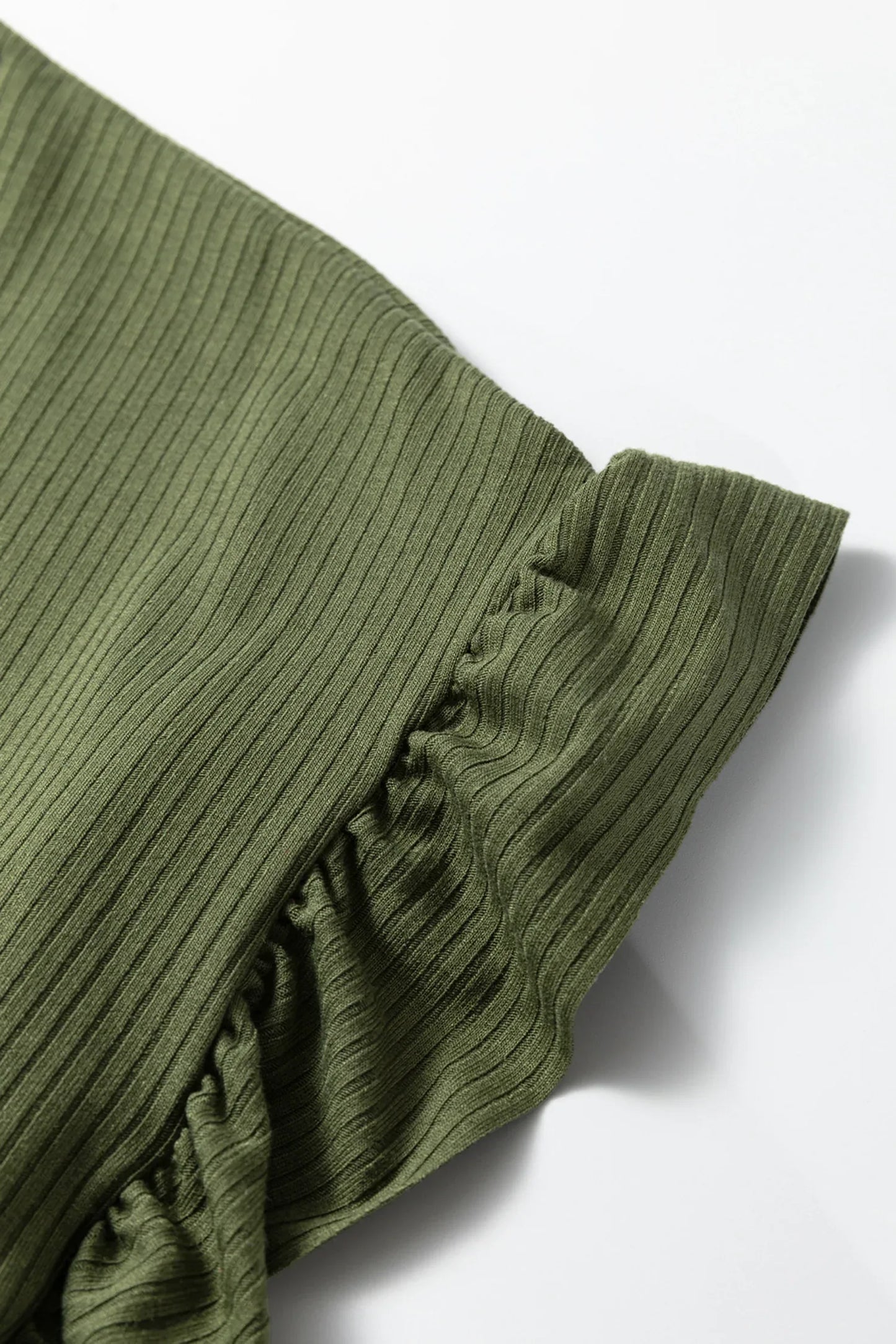 Jungle Green Solid Color Ribbed Ruffled Short Sleeve T Shirt - MarkoFit