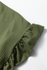Jungle Green Solid Color Ribbed Ruffled Short Sleeve T Shirt - MarkoFit