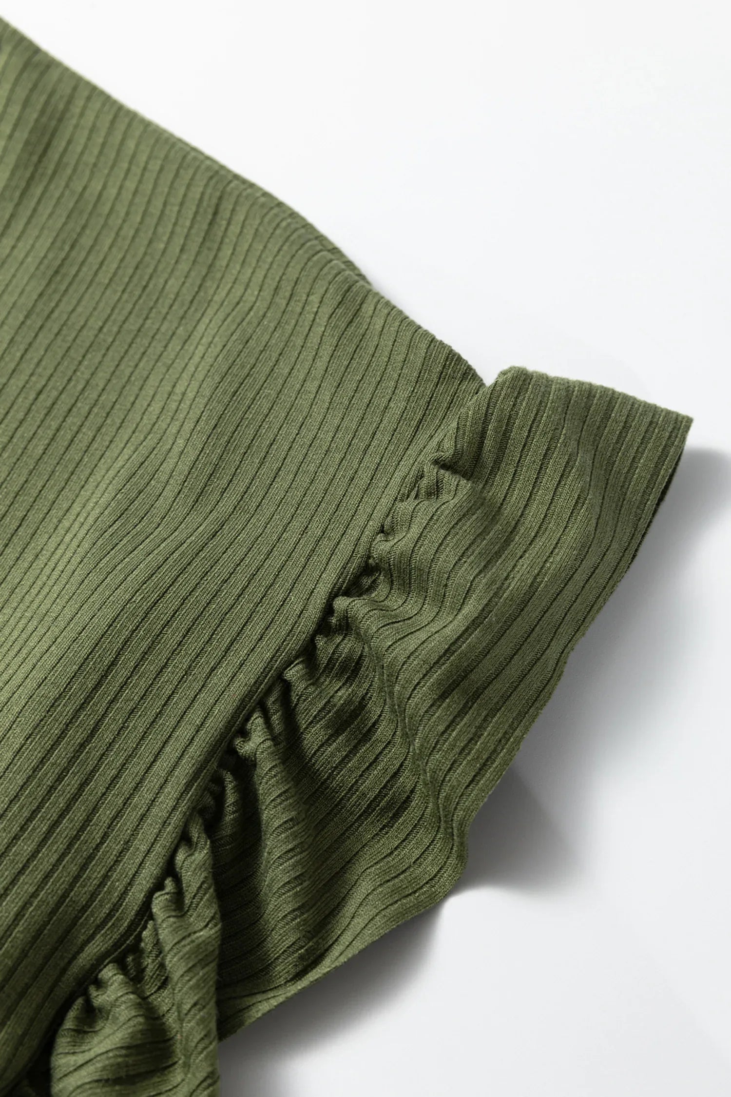 Jungle Green Solid Color Ribbed Ruffled Short Sleeve T Shirt - MarkoFit