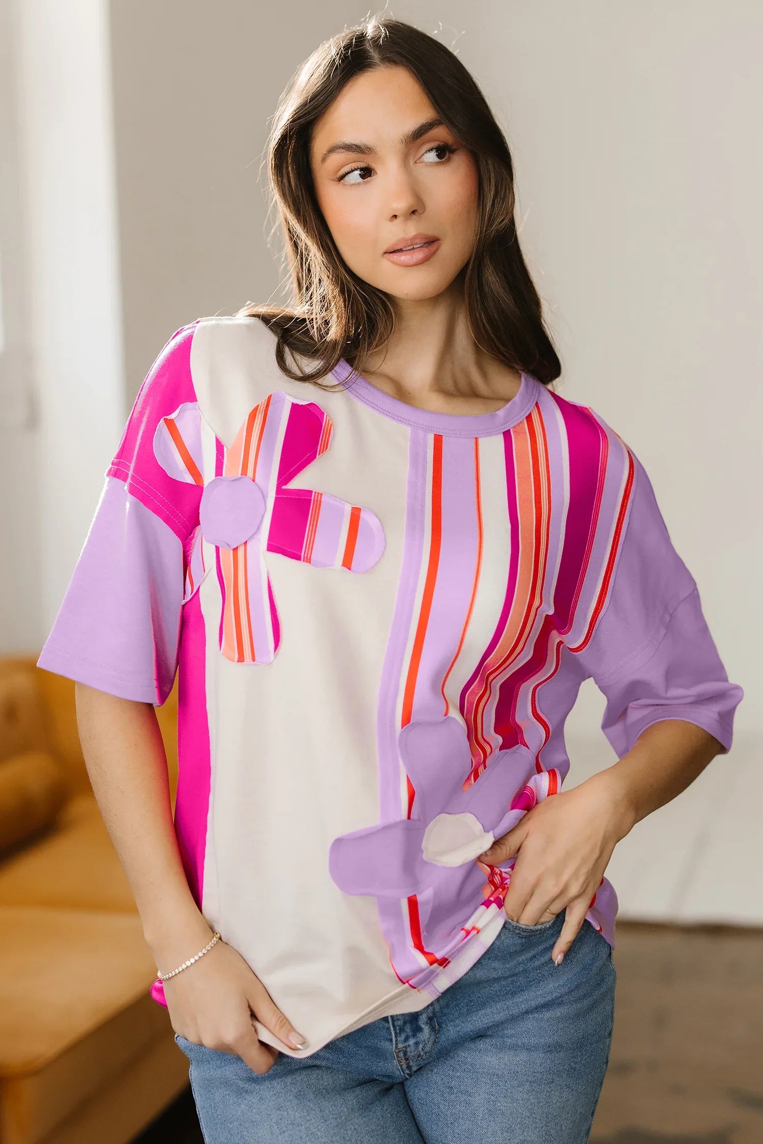 Pink Striped Color Block Flower Patched Half Sleeve Loose Top - MarkoFit
