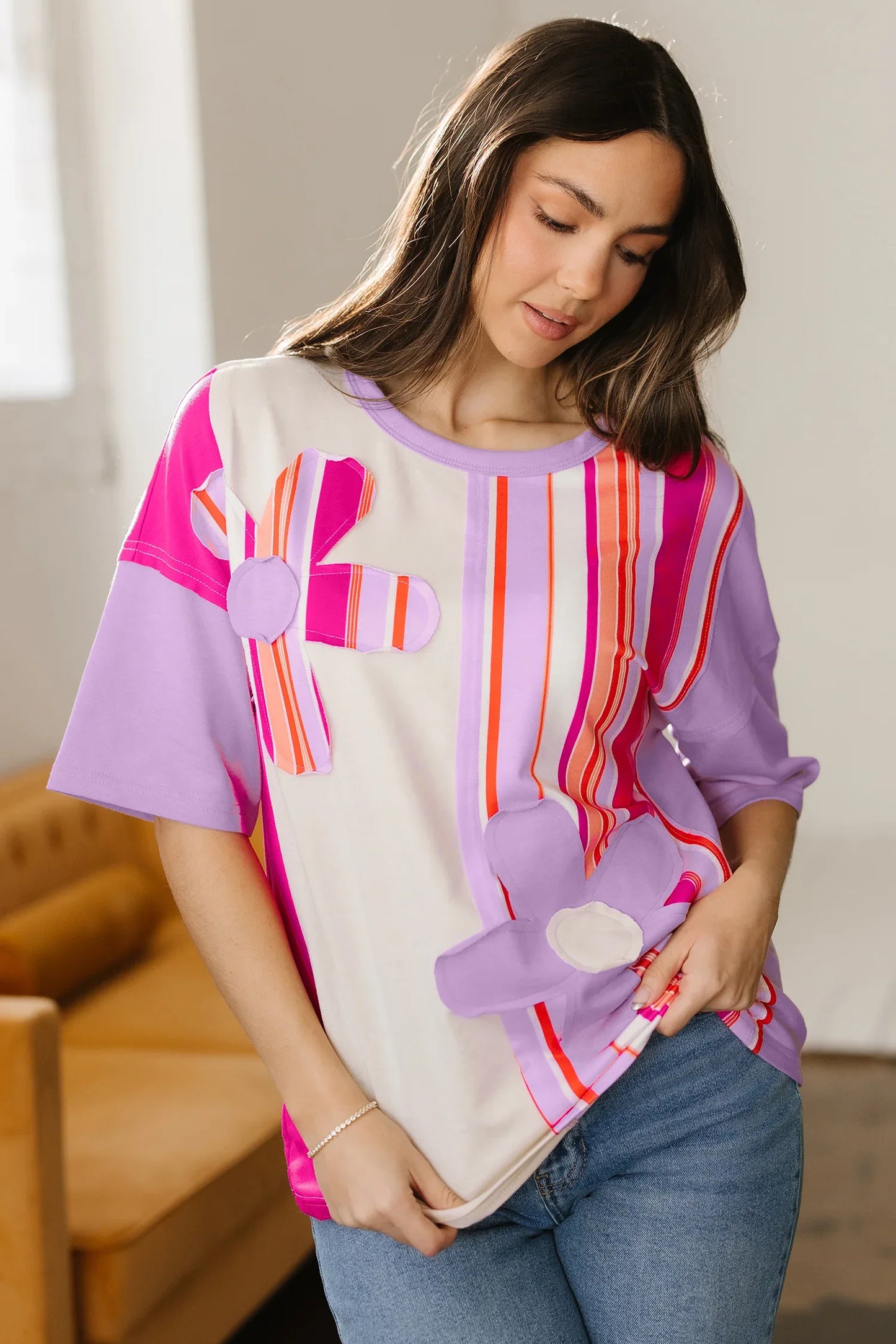 Pink Striped Color Block Flower Patched Half Sleeve Loose Top - MarkoFit