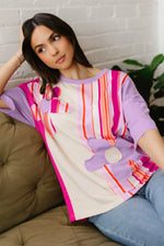 Pink Striped Color Block Flower Patched Half Sleeve Loose Top - MarkoFit