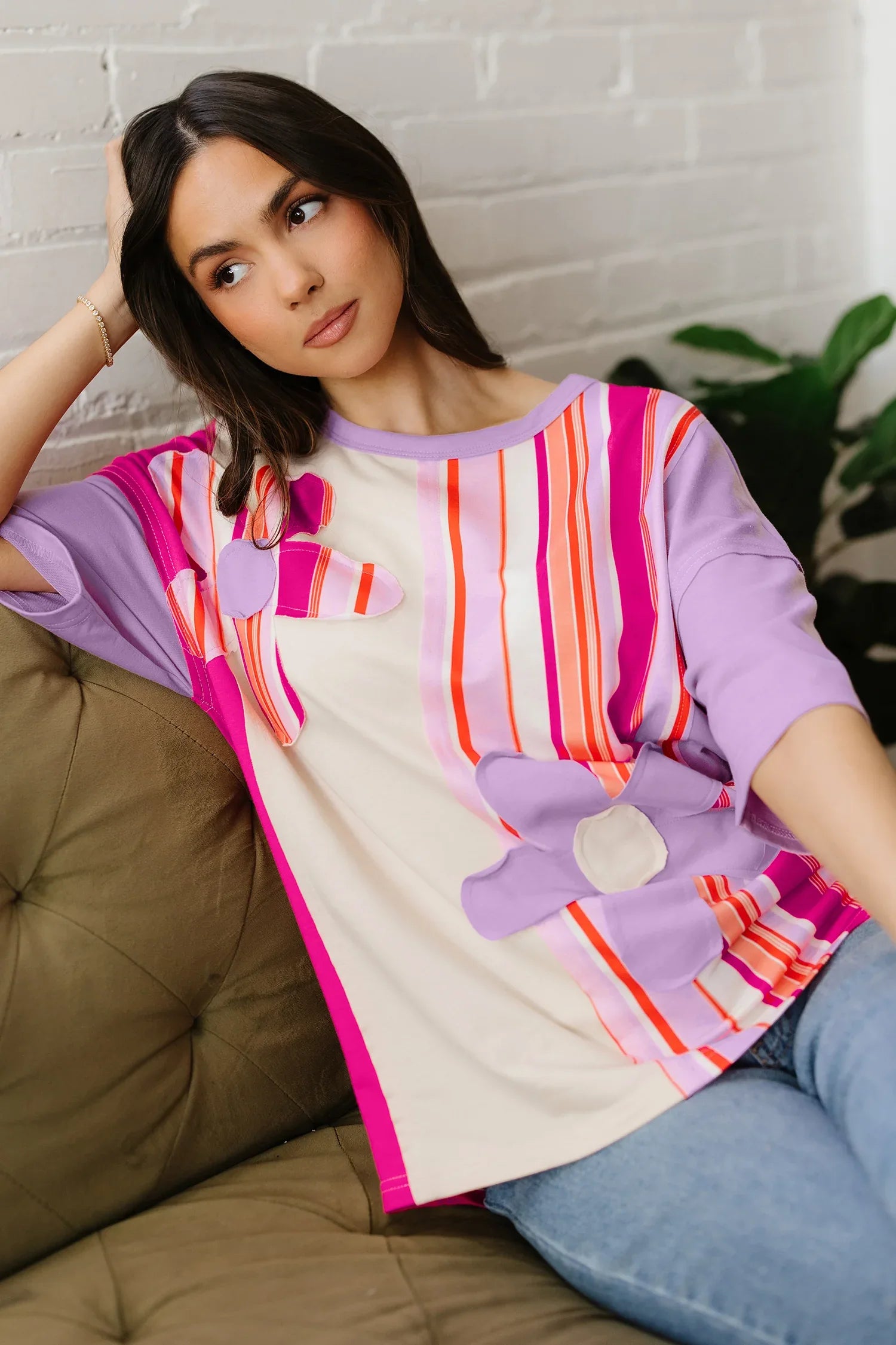 Pink Striped Color Block Flower Patched Half Sleeve Loose Top - MarkoFit