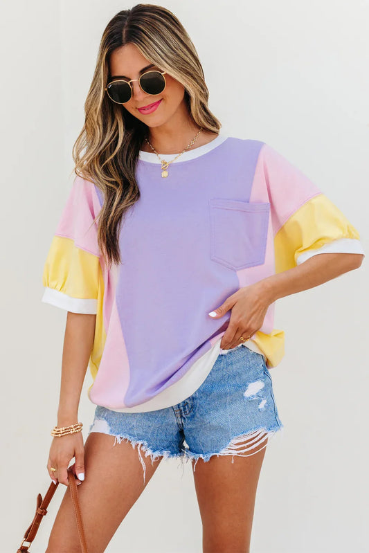 Purple Color Block Patchwork Half Sleeve Oversized T Shirt - MarkoFit