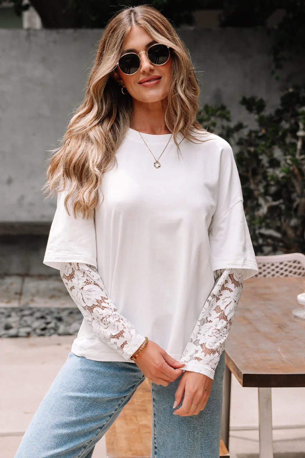 White Lace Long Sleeve Insert Drop Shoulder Tee - MarkoFit
