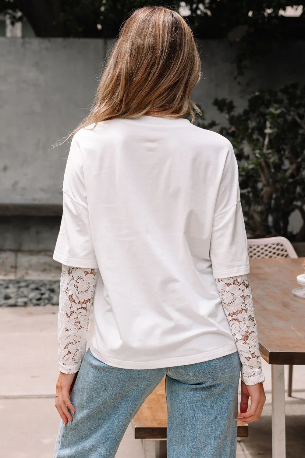 White Lace Long Sleeve Insert Drop Shoulder Tee - MarkoFit