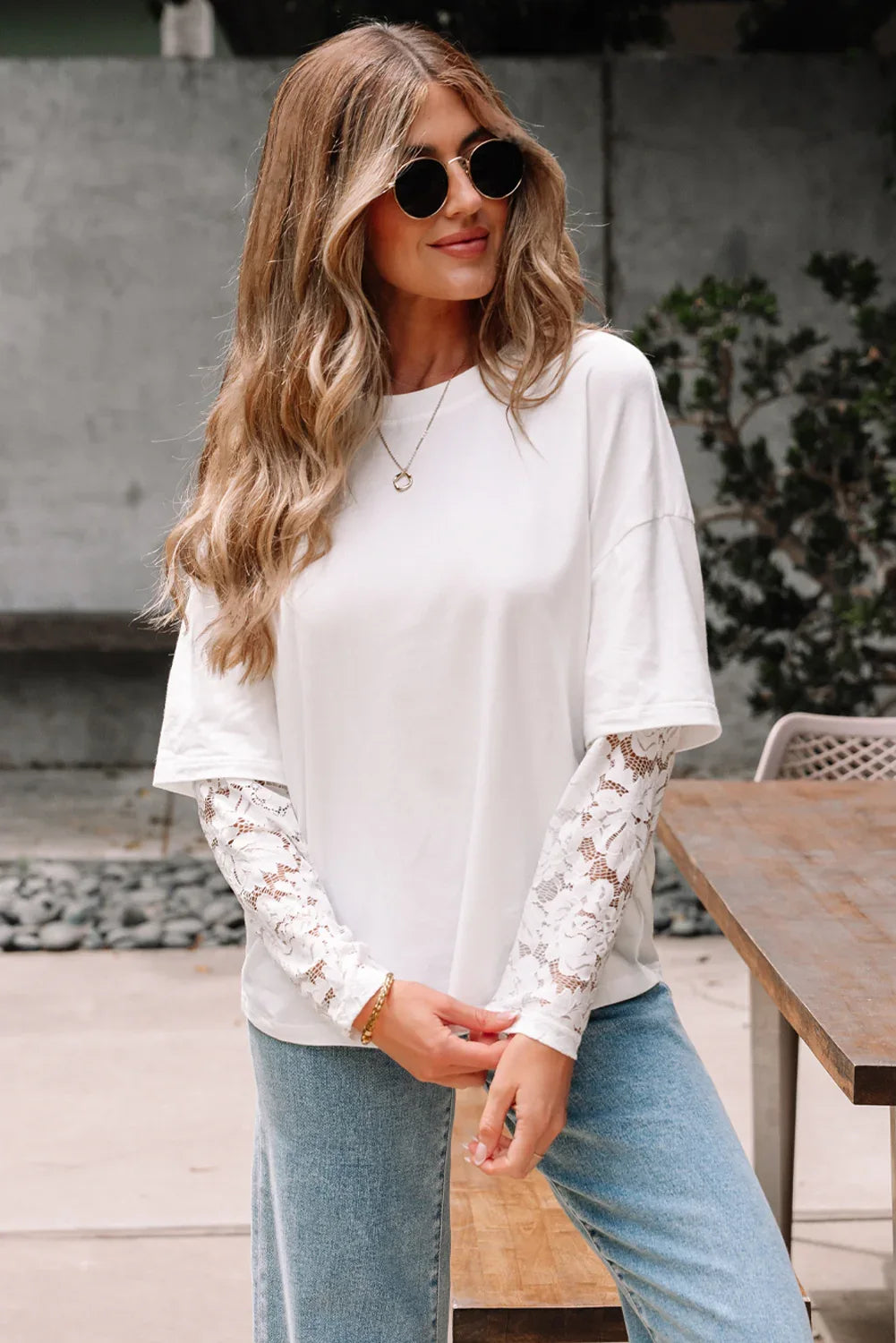 White Lace Long Sleeve Insert Drop Shoulder Tee - MarkoFit