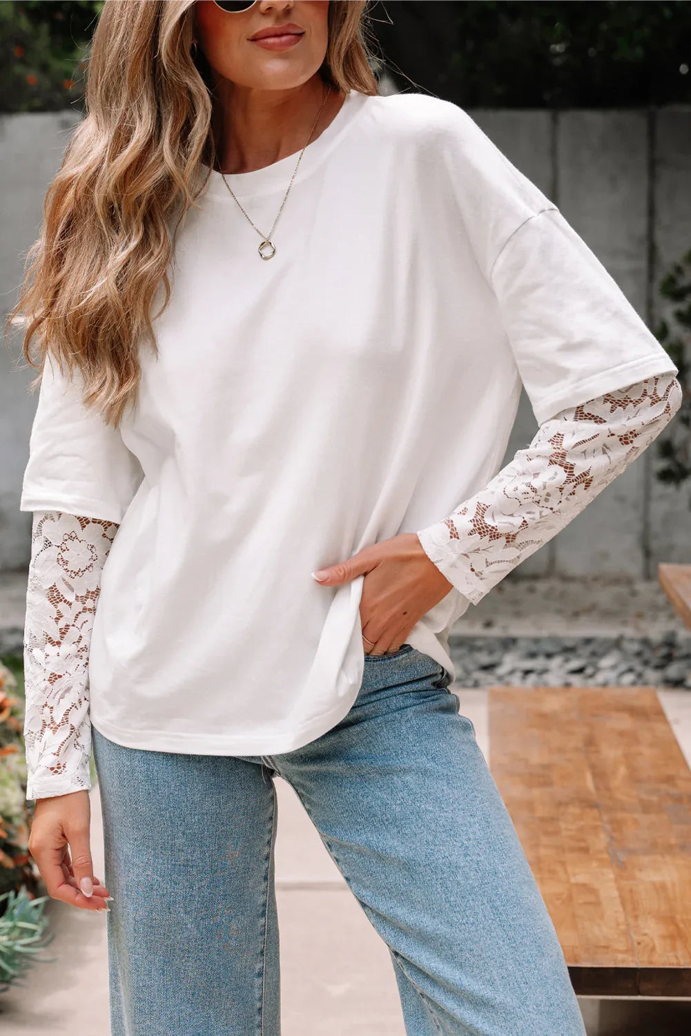 White Lace Long Sleeve Insert Drop Shoulder Tee - MarkoFit
