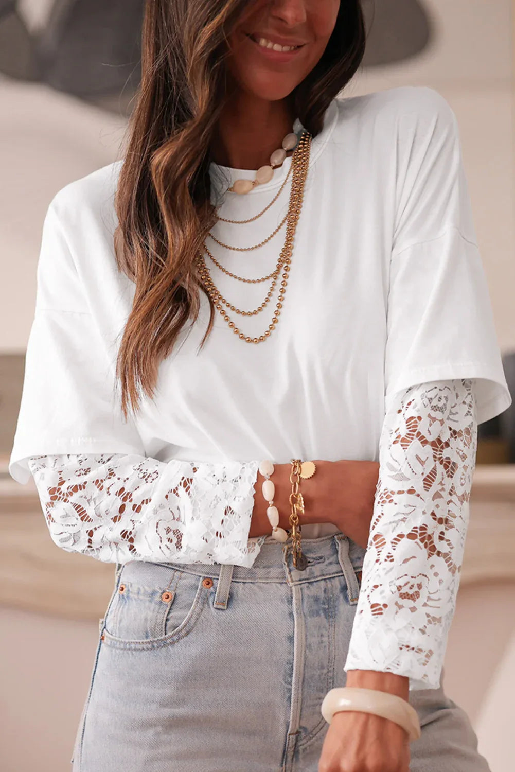 White Lace Long Sleeve Insert Drop Shoulder Tee - MarkoFit