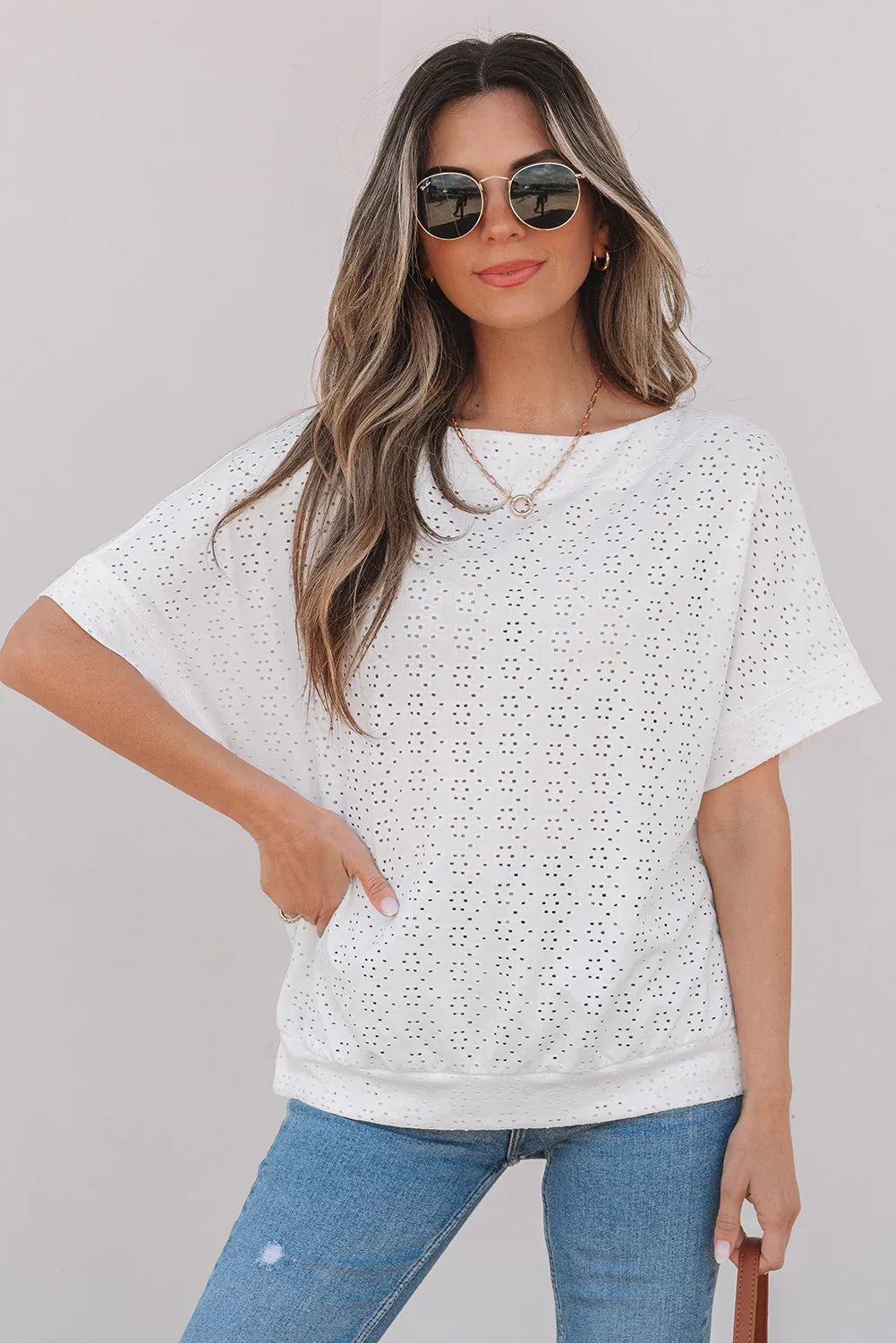 White Eyelet Pattern Boat Neck Casual Tee - MarkoFit