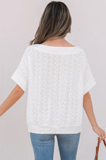White Eyelet Pattern Boat Neck Casual Tee - MarkoFit
