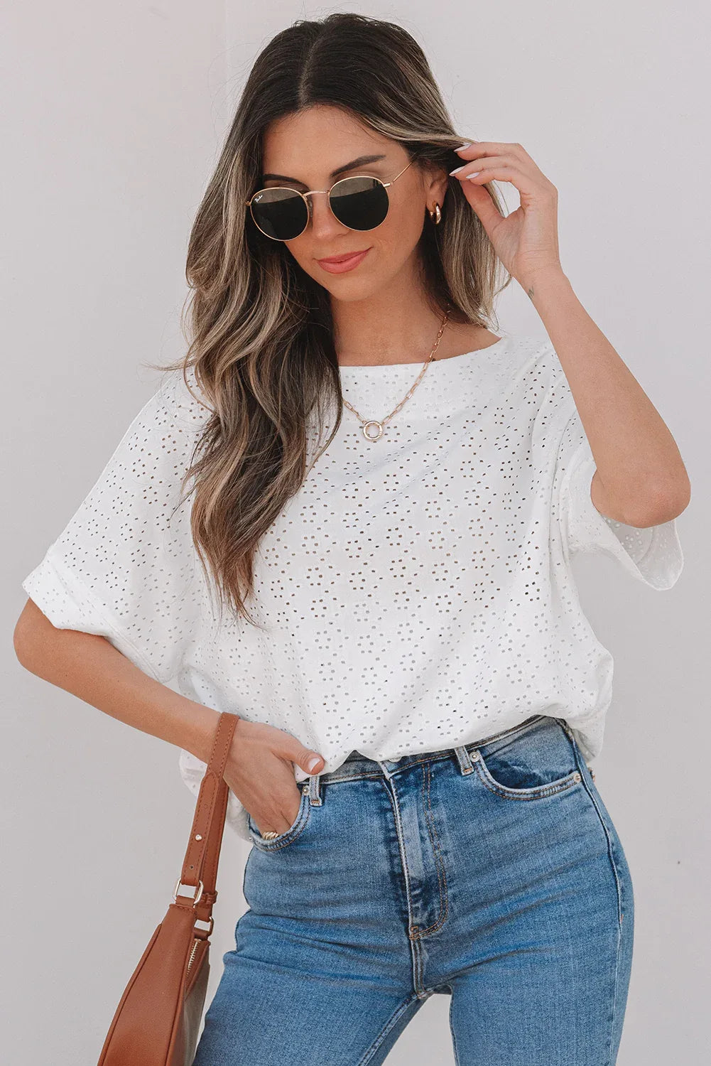 White Eyelet Pattern Boat Neck Casual Tee - MarkoFit