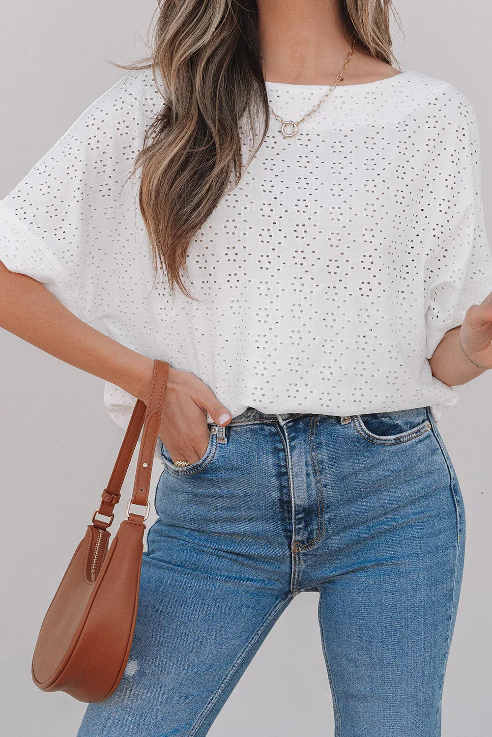 White Eyelet Pattern Boat Neck Casual Tee - MarkoFit