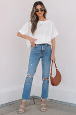 White Eyelet Pattern Boat Neck Casual Tee - MarkoFit