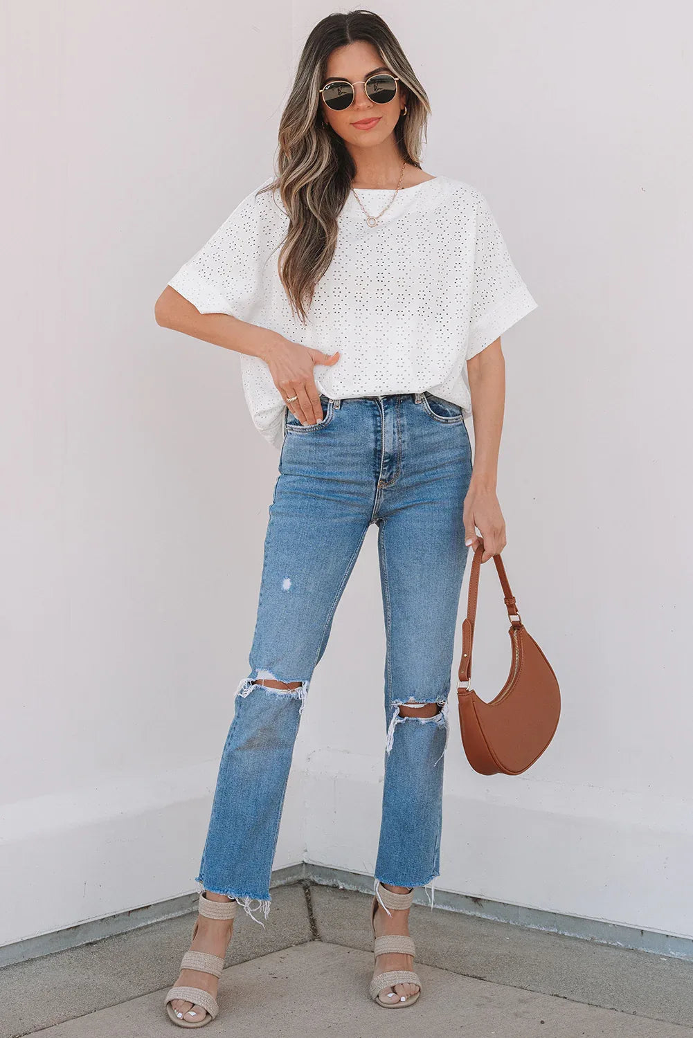 White Eyelet Pattern Boat Neck Casual Tee - MarkoFit